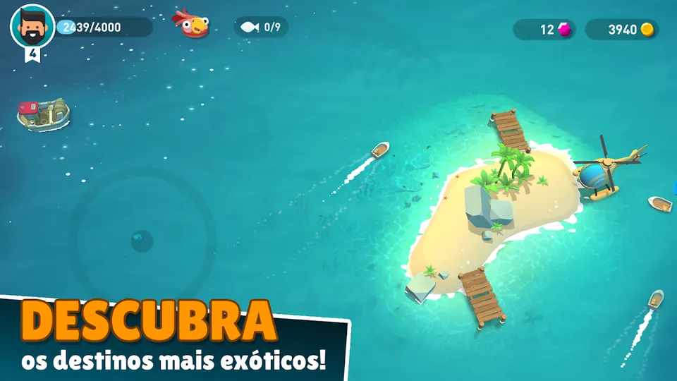 Creatures of the Deep: barco junto a uma ilha de areia com pontões e um helicóptero