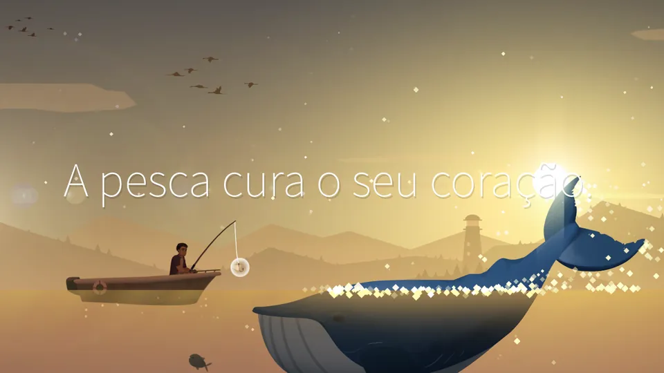 Fishing Life: pescador no barco ao pôr do sol com a cauda de uma baleia a sair da água